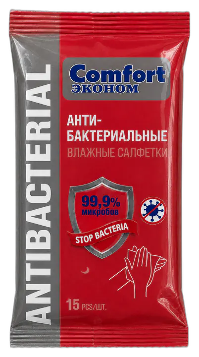 Красная упаковка антибактериальных влажных салфеток, 15 шт.